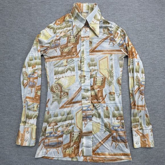 Vintage 70s Long Sleeve Collared Shirt With Retro Interior Design Print Size 7/8 - Picture 1 of 11